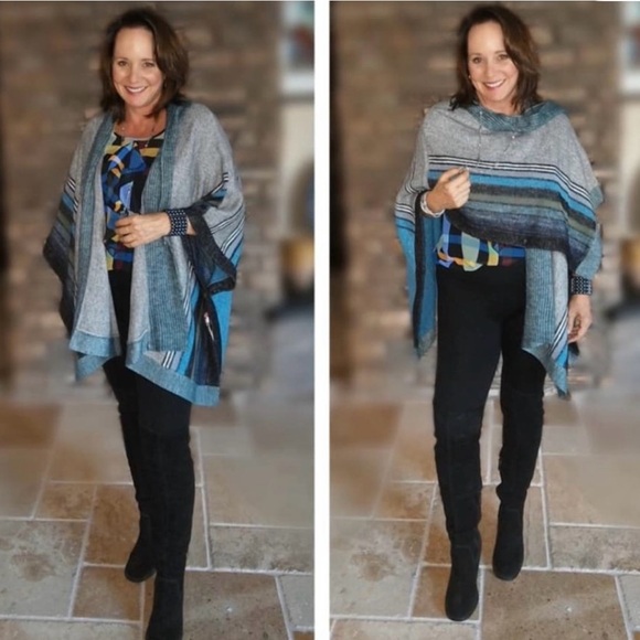CAbi Sweaters - Cabi 3846 Windchill Wrap Open Front  Blue, Turquoise and Gray  Sweater-XS/S